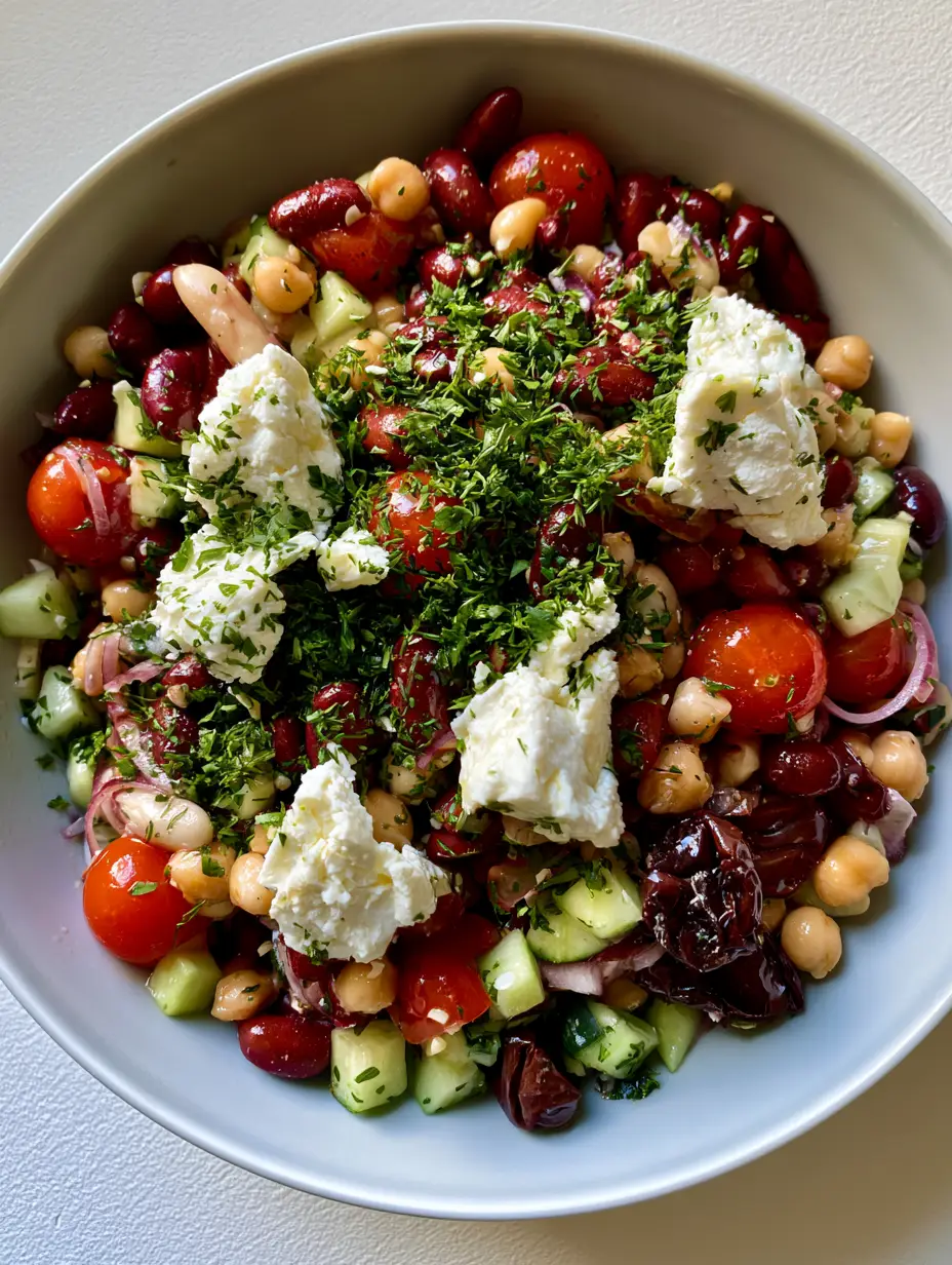 A smartphone-style photo of a Mediterranean three-bean salad showing glossy beans and fresh herbs.