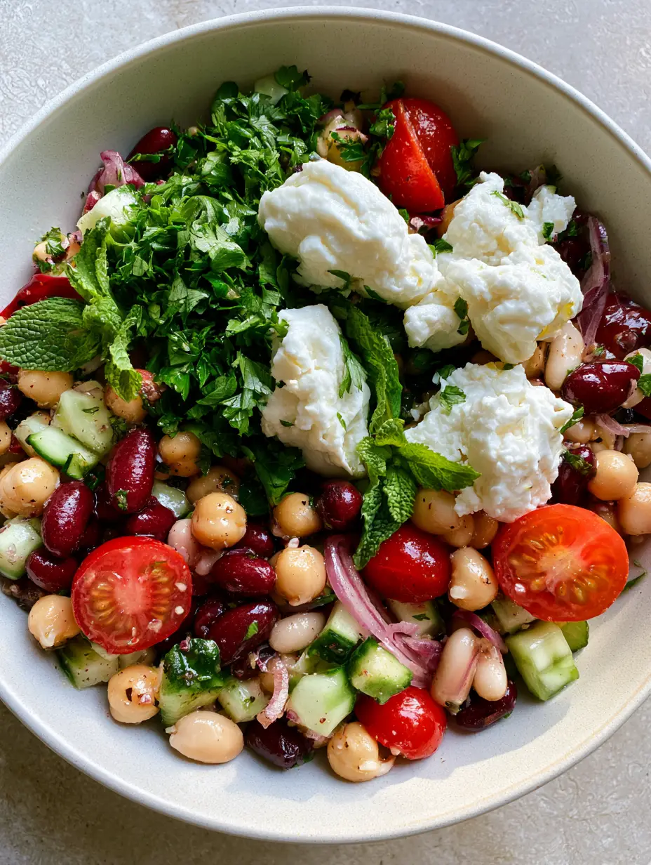 Extreme close-up of a vibrant 3 bean Mediterranean salad showing glistening textures and fresh herbs.