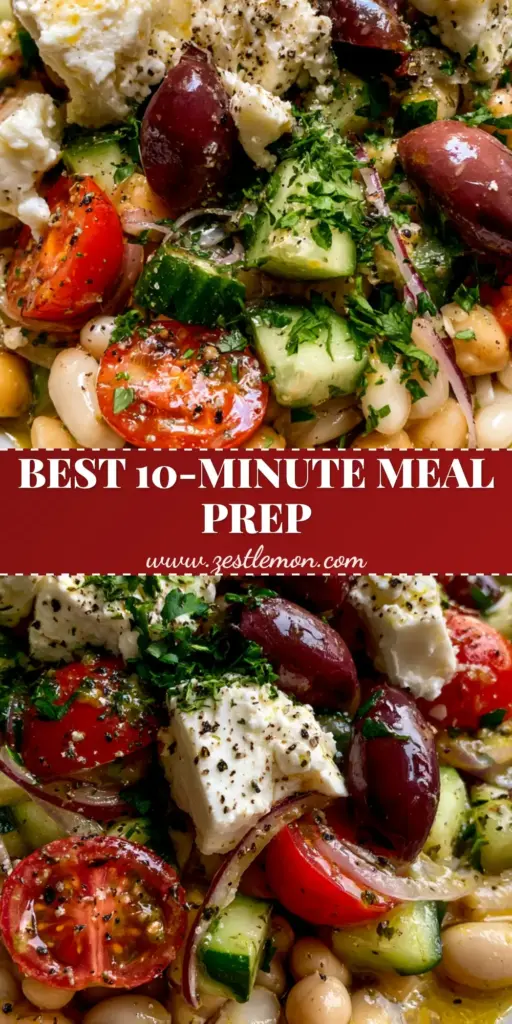 Bean Salad with Mediterranean Herbs and Zesty Lemon Vinaigrette 3 Vertical Pinterest Pin showing a vibrant Mediterranean Bean Salad in a white bowl with a golden lemon vinaigrette.