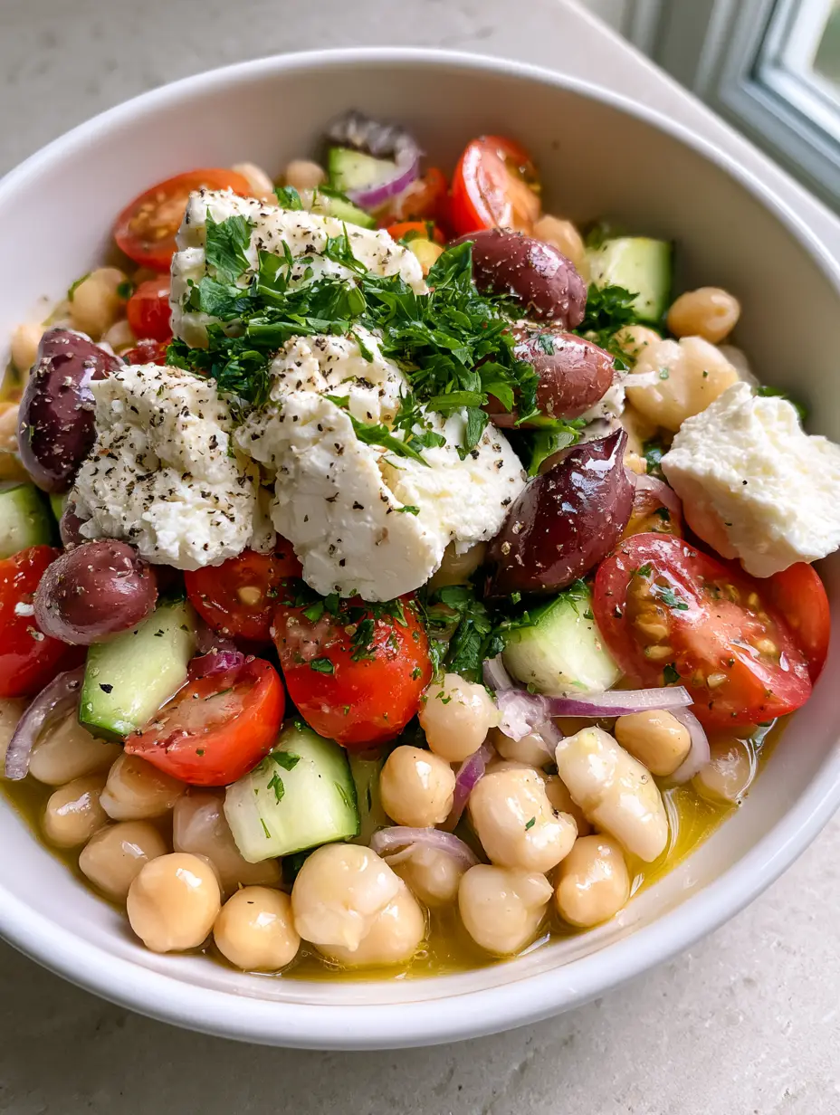 Bean Salad with Mediterranean Herbs and Zesty Lemon Vinaigrette 4 Extreme close-up of a Bean Salad showing glossy chickpeas, purple olives, and large chunks of feta cheese.