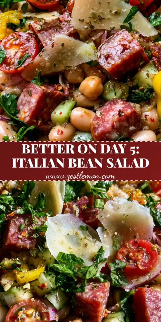 A top-down view of Italian Dense Bean Salad in a meal prep container, showing glossy chickpeas, salami cubes, and shaved parmesan.
