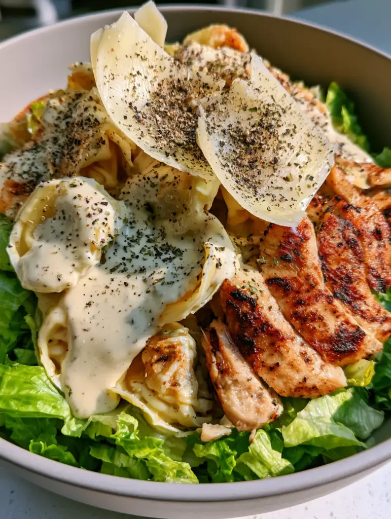 Close up of succulent sliced grilled chicken breast with distinct charred sear marks atop a tortellini Caesar salad.
