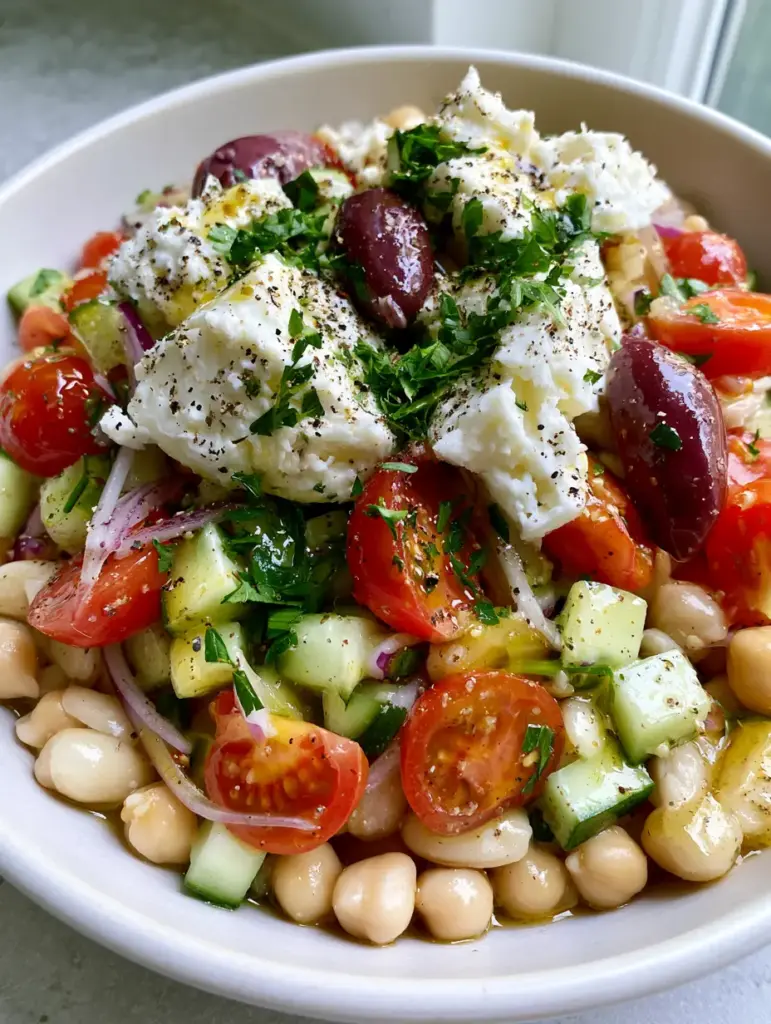 Bean Salad with Mediterranean Herbs and Zesty Lemon Vinaigrette 1 Overhead shot of Mediterranean Bean Salad with diced English cucumber and halved cherry tomatoes.