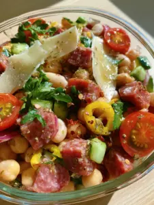 Close-up of Italian Dense Bean Salad focusing on the texture of dry-aged salami and creamy cannellini beans with herb vinaigrette.