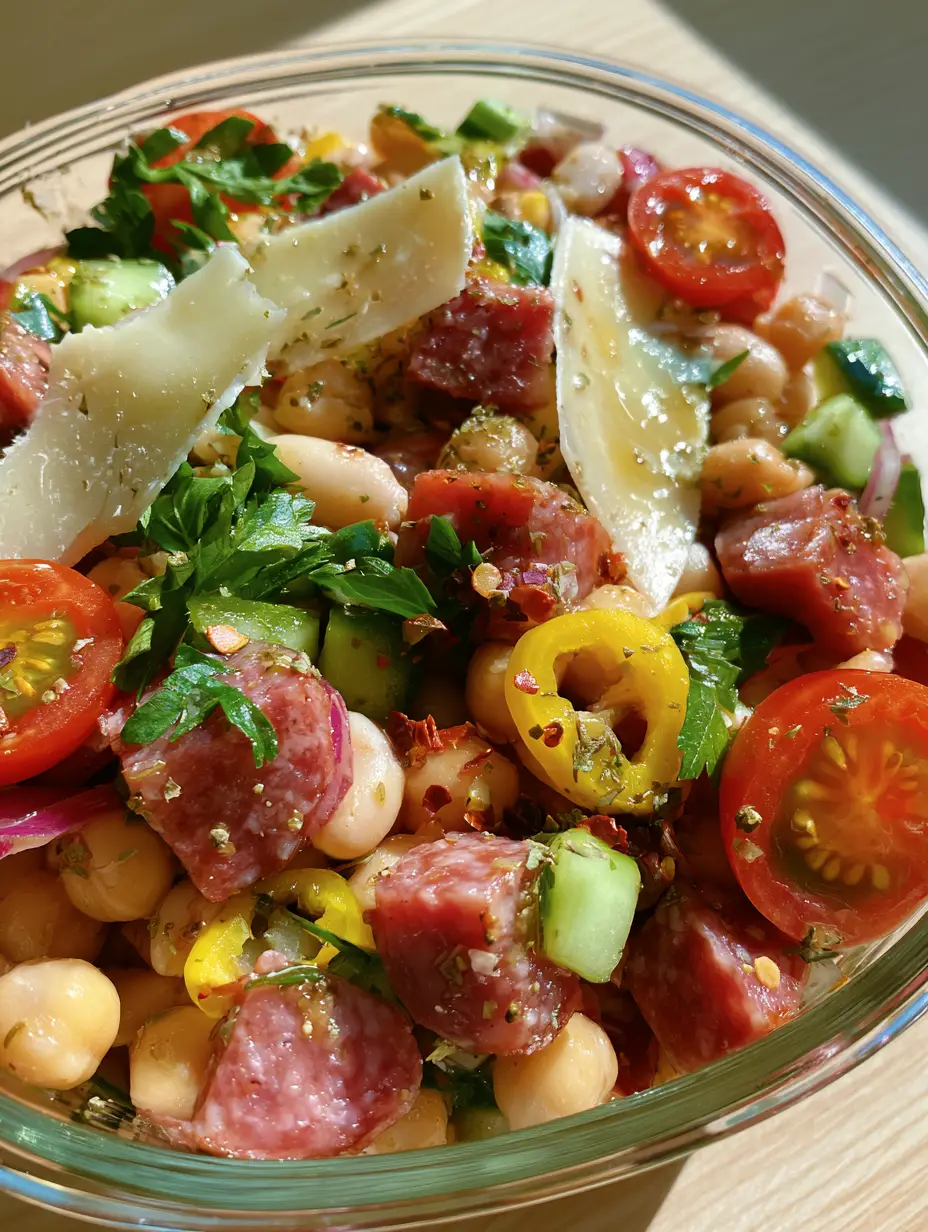 Close-up of Italian Dense Bean Salad focusing on the texture of dry-aged salami and creamy cannellini beans with herb vinaigrette.