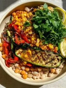 Macro photo of grilled veggie bean salad showing dark sear marks on zucchini and blistered corn kernels.