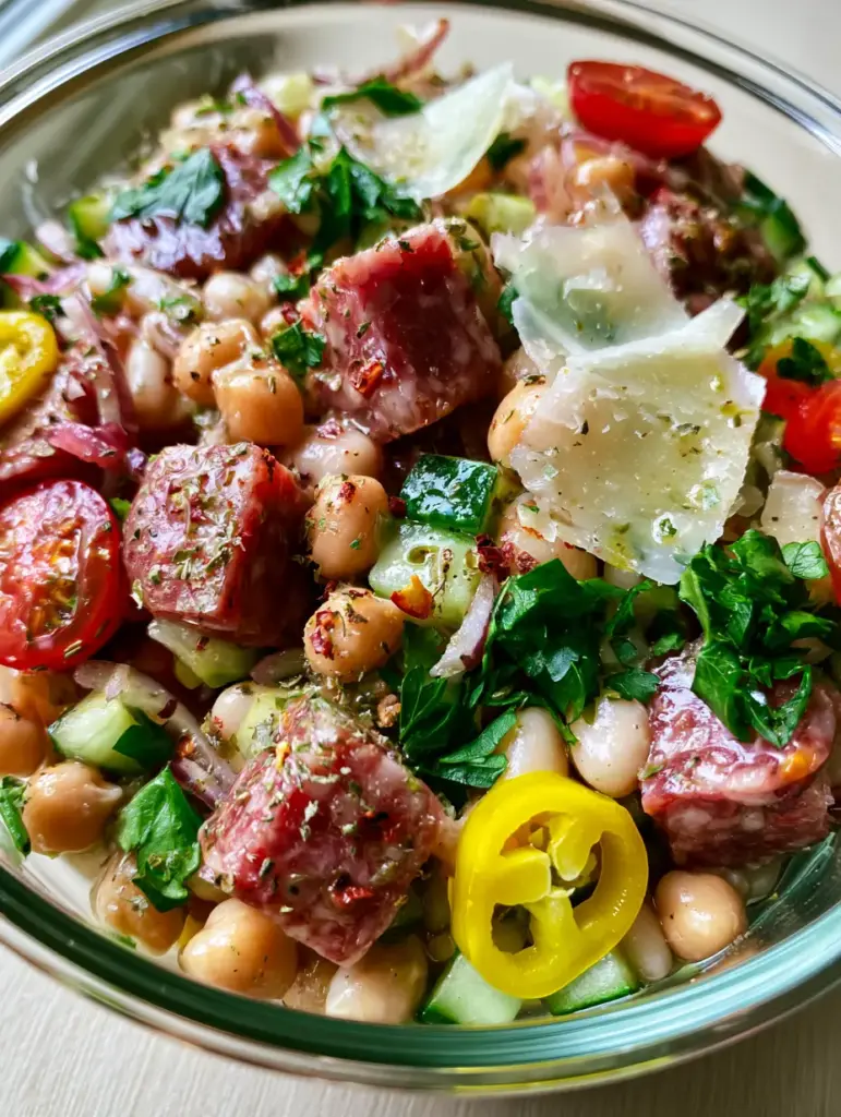 Vibrant salad with bright yellow pepperoncinis, shaved parmesan, and fresh parsley in a natural light setting.