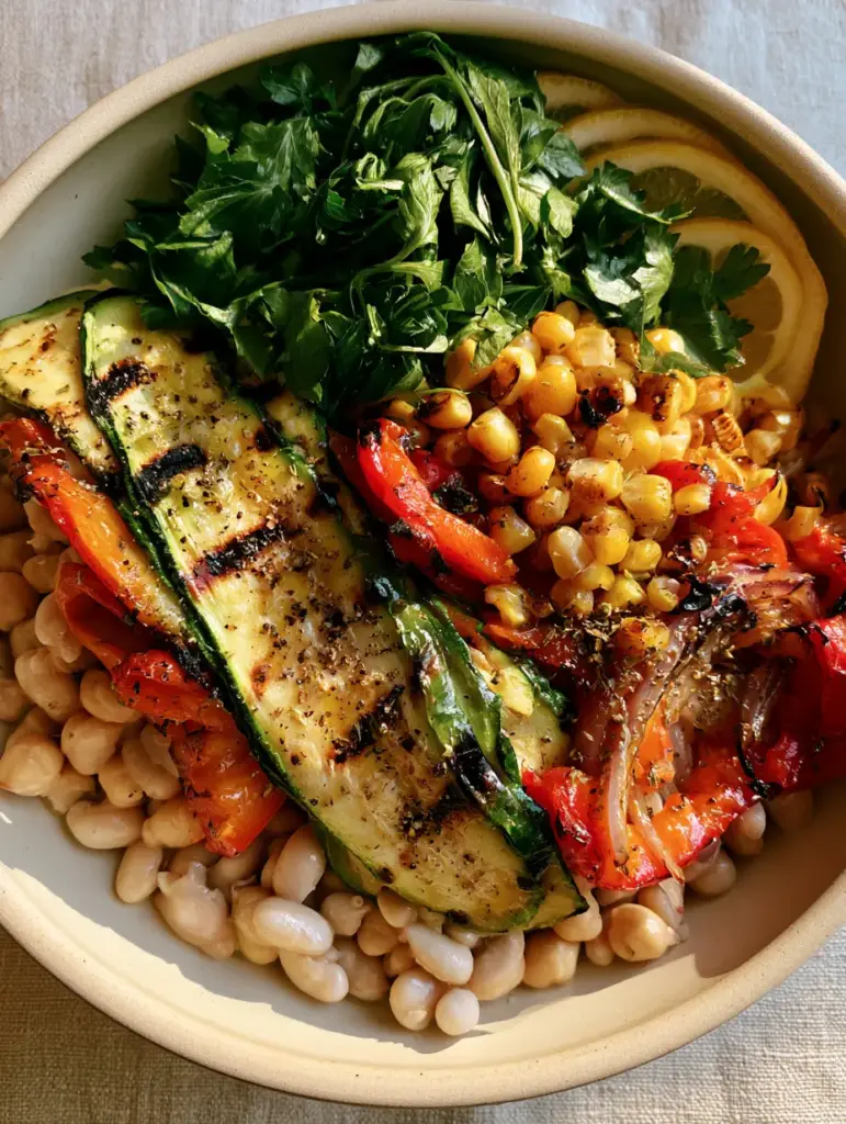 Grilled Veggie Bean Salad with Charred Zucchini and Citrus Vinaigrette 1 Top-down view of the grilled veggie bean salad on a linen tabletop with lemon slice garnishes.