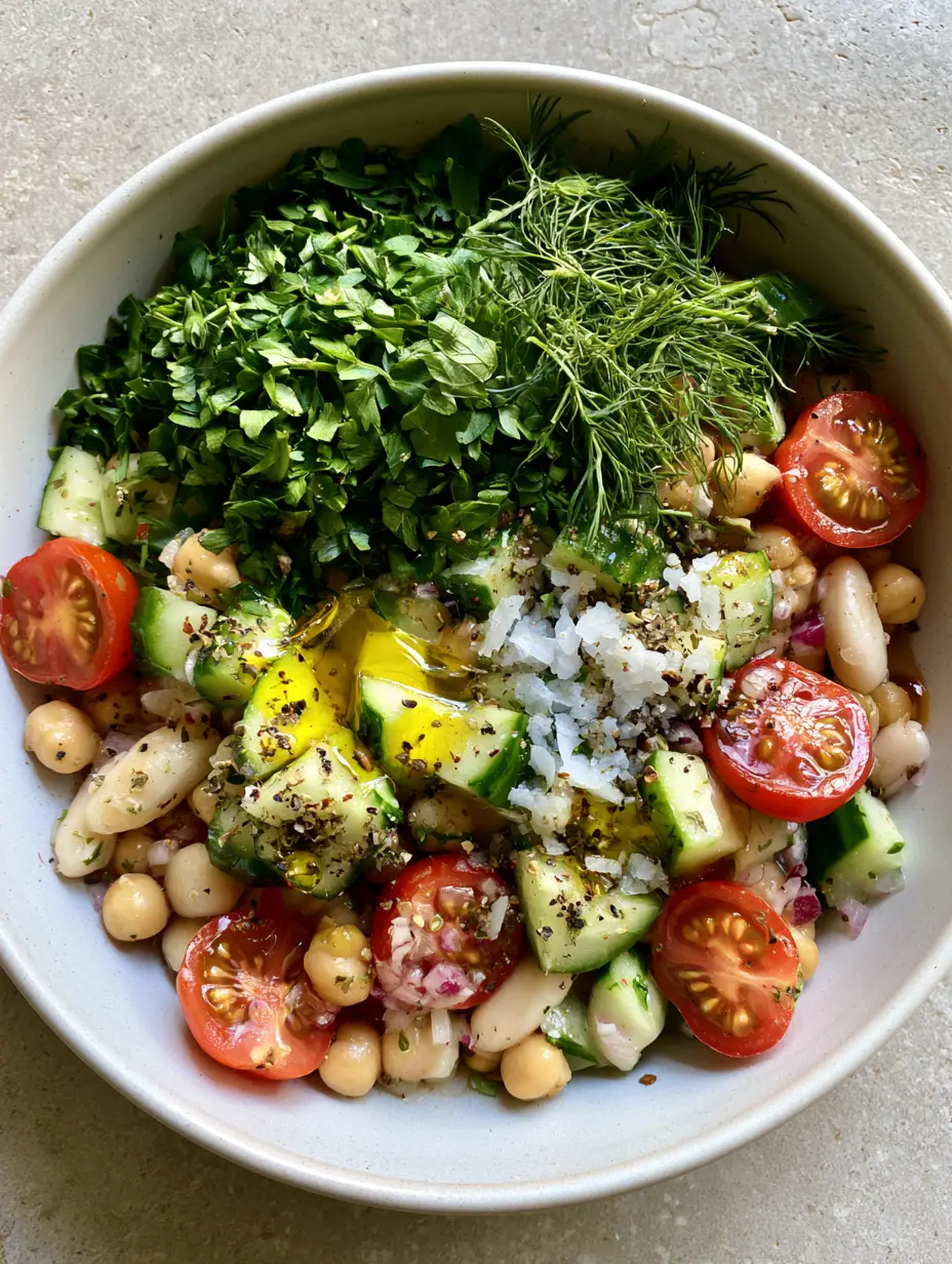 Mixed Bean Salad with Fresh Herbs and Persian Cucumbers 3 Detailed close-up of matte chickpeas and diced cucumbers in a mixed bean salad. (mixed bean salad)