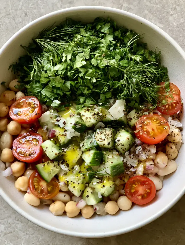 Mixed Bean Salad with Fresh Herbs and Persian Cucumbers 1 High-angle shot showing the mountain of fresh herbs atop a mixed bean salad on a grey stone countertop.