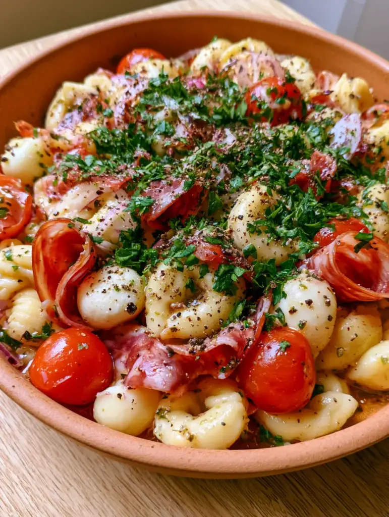 Wide shot of tortellini salad on a light wood surface with natural lighting. (tortellini salad)