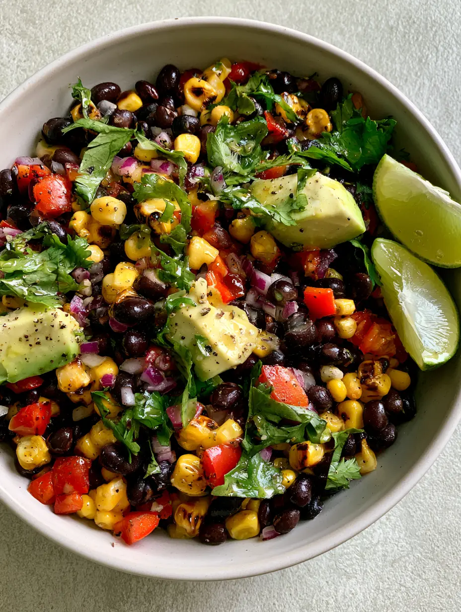 Southwest Bean Salad with Charred Corn and Lime Vinaigrette 4 Close up of southwest bean salad showing grill marks on golden corn and red bell pepper dice.