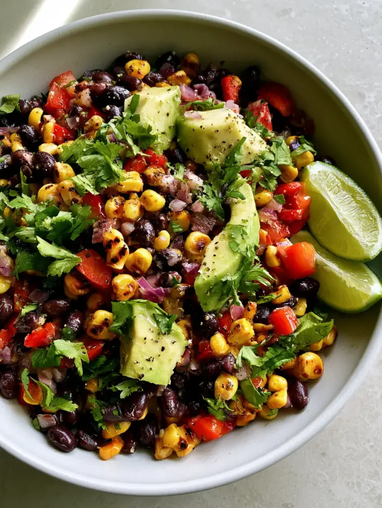 Southwest Bean Salad with Charred Corn and Lime Vinaigrette 1 Southwest bean salad served in a wide ceramic bowl with fresh lime wedges on the side.