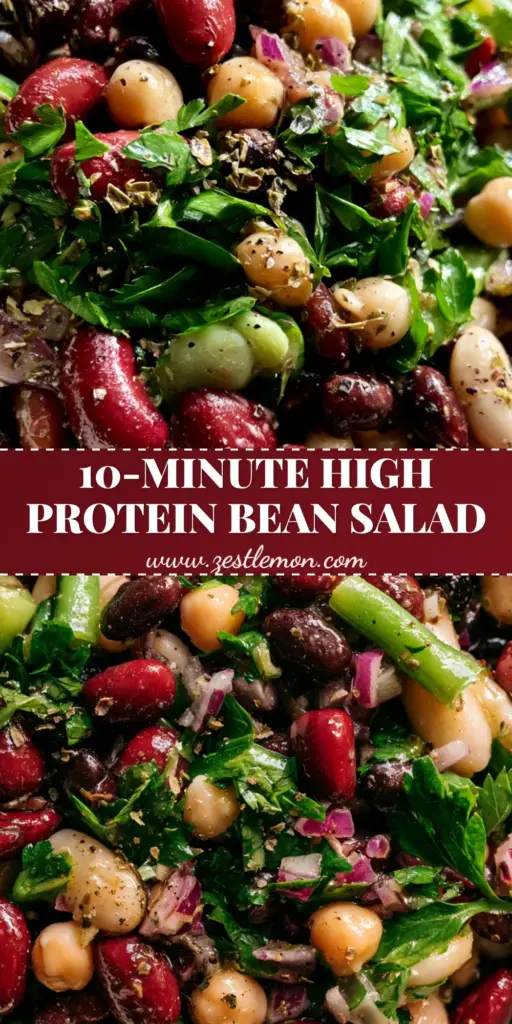 5-Bean Salad with a Shimmering Lemon-Herb Vinaigrette 3 Top-down view of a colorful 5-Bean Salad with kidney beans, chickpeas, and green beans in a white bowl. (5-Bean Salad)