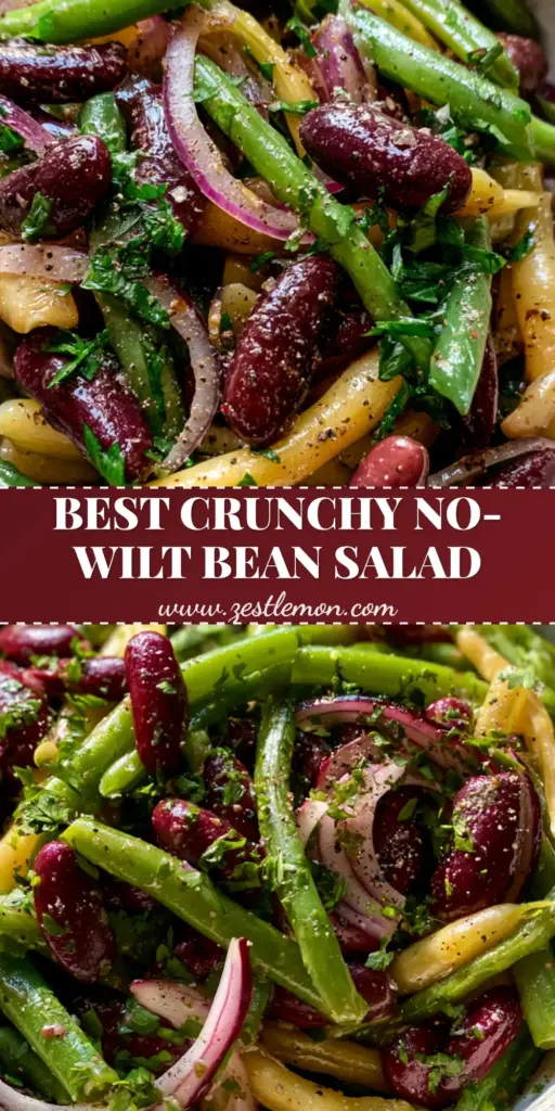 A vibrant Classic three bean salad in a rustic white ceramic bowl featuring glossy kidney beans and crisp green beans. (Classic three bean salad)