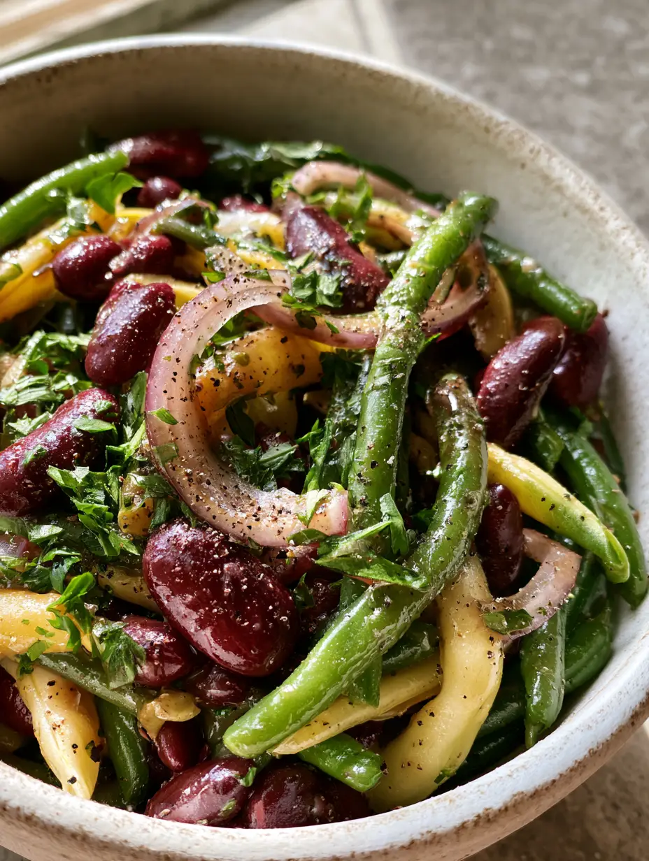 Top-down view of a Classic three bean salad showing the texture of glossy kidney beans and thin red onion crescents. (Classic three bean salad)