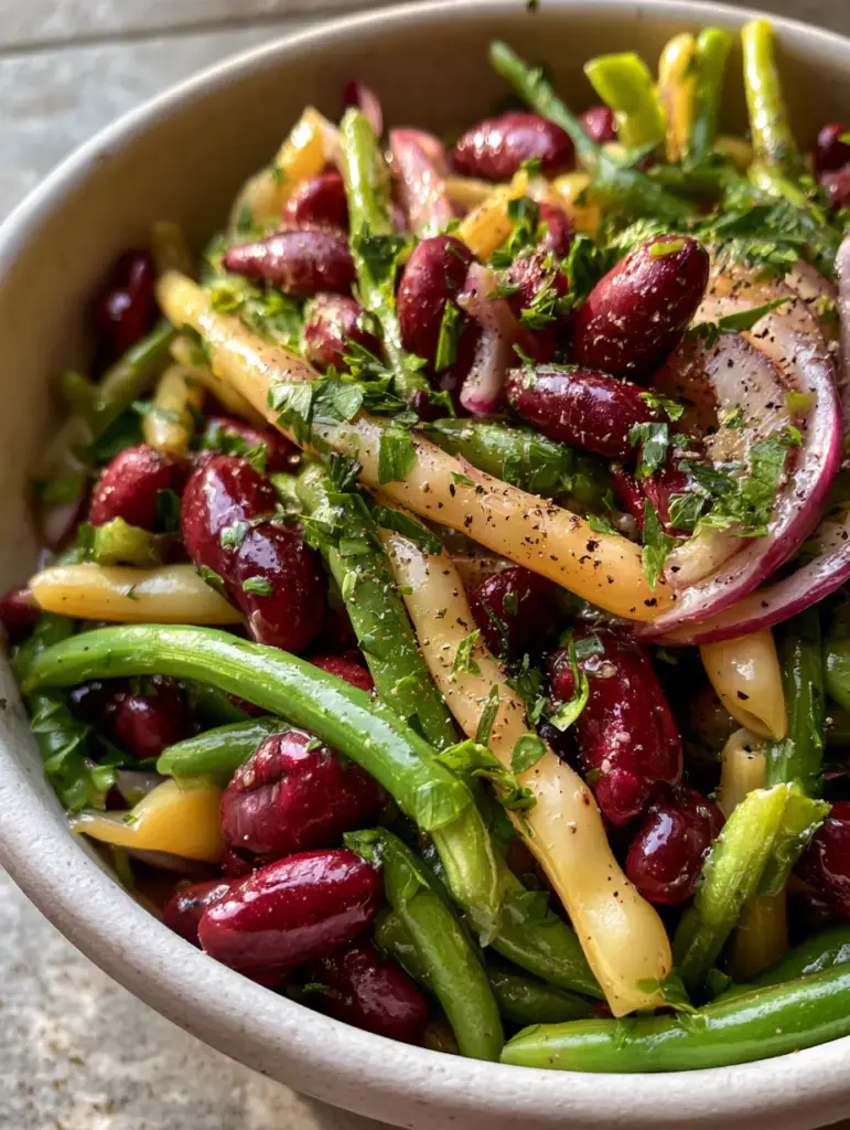 A handheld smartphone photo of three bean salad with bright forest green string beans and cracked black pepper.