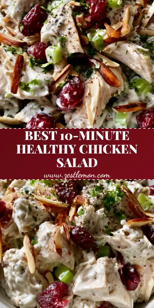 Cranberry Almond Chicken Salad with Creamy Greek Yogurt Dressing 4 A top-down view of Cranberry Almond Chicken Salad in a white bowl showing ruby cranberries and golden almonds.