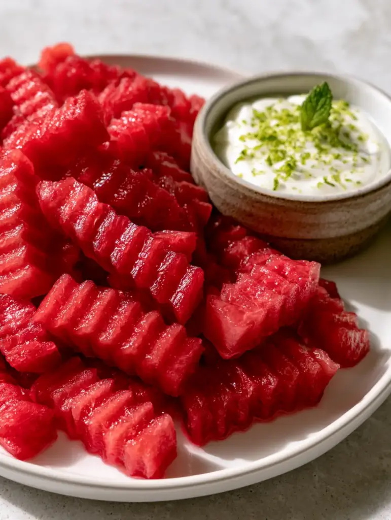 Extreme close-up of chilled Watermelon Fries showing deep ruby color and crystalline fibers with moisture droplets.