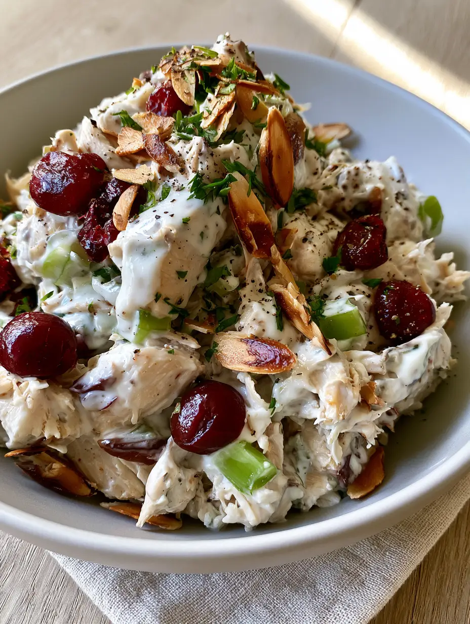 Cranberry Almond Chicken Salad with Creamy Greek Yogurt Dressing 3 Close-up of shredded chicken salad with velvet dressing, ruby cranberries, and emerald celery. (Cranberry Almond Chicken Salad)