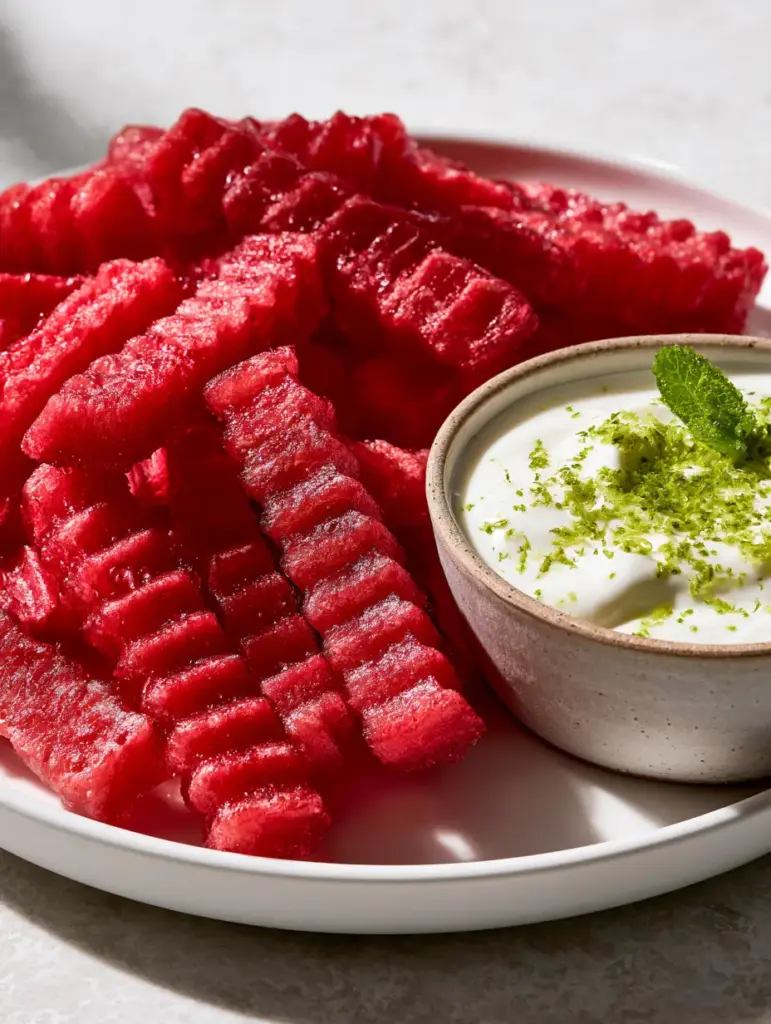 Watermelon Fries with Zesty Lime Greek Yogurt Dip 1 Minimalist white platter with a pile of Watermelon Fries and a bowl of thick Greek yogurt dip topped with lime zest.