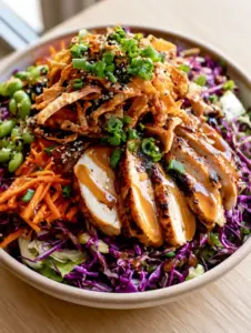Macro top-down shot of asian chicken crunch salad with golden seared chicken and glossy amber dressing.