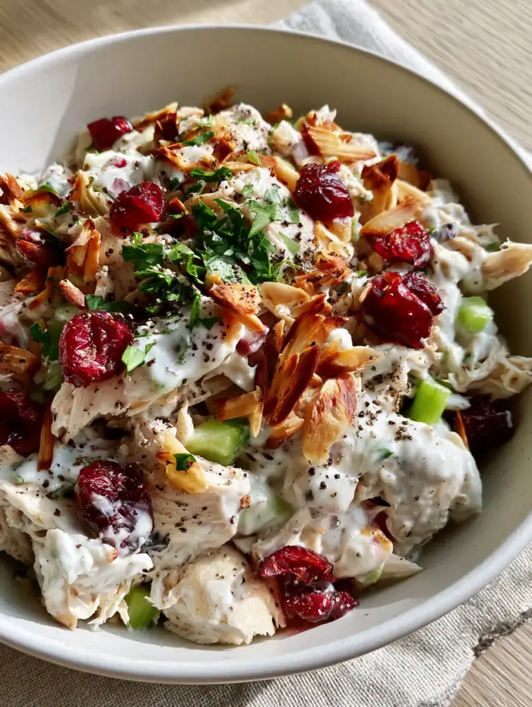 Cranberry Almond Chicken Salad with Creamy Greek Yogurt Dressing 1 Top-down view of chicken salad with toasted almond slivers and fresh parsley garnish. (Cranberry Almond Chicken Salad)