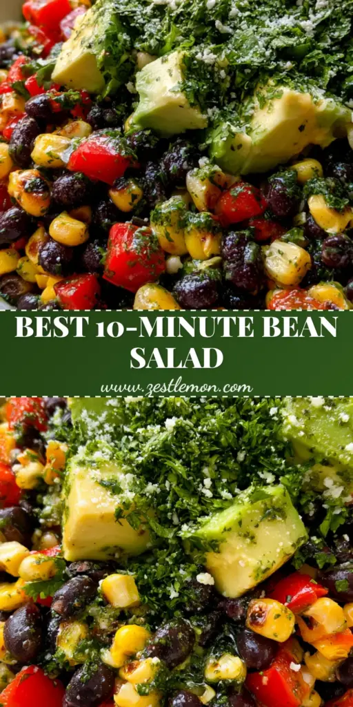 A vibrant black bean corn salad with charred corn, creamy avocado cubes, and glistening lime dressing in a white bowl. (black bean corn salad)