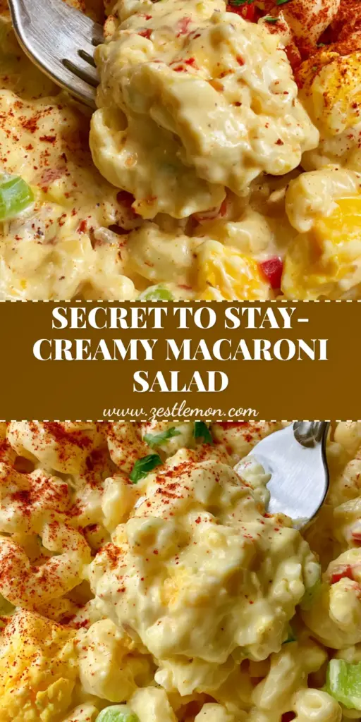 A close-up handheld shot of a rustic white bowl filled with creamy macaroni salad, featuring large egg chunks and a dusting of smoked paprika. (macaroni salad recipe)