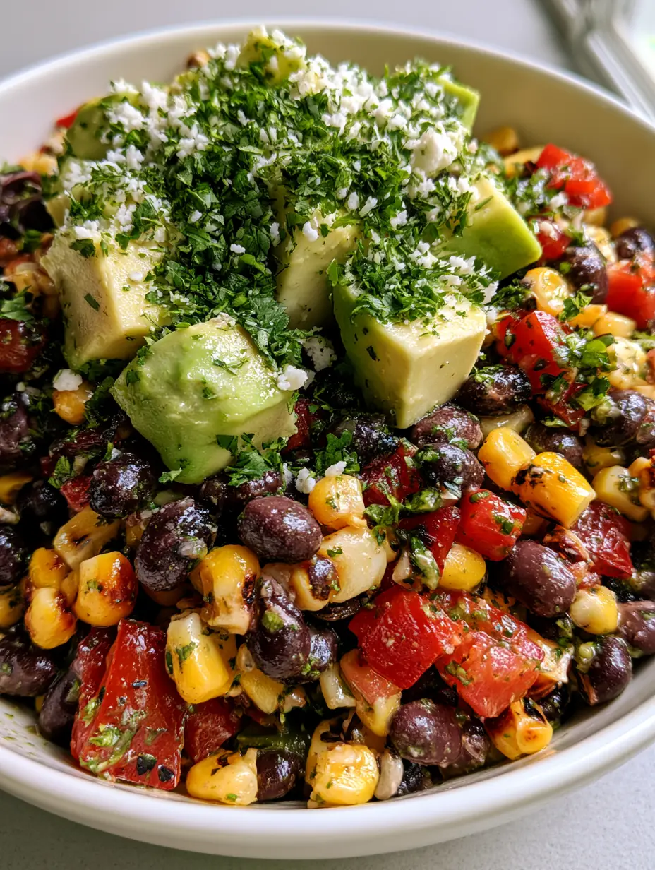 Macro shot of black bean corn salad showing the texture of matte beans and charred corn kernels. (black bean corn salad)