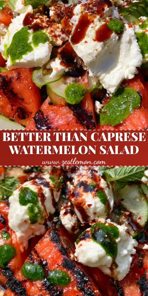 Grilled Watermelon Salad with Feta, Mint, and Balsamic Glaze 4 A stunning plate of Grilled Watermelon wedges with deep char marks, snowy feta, and balsamic drizzle held in golden hour light.