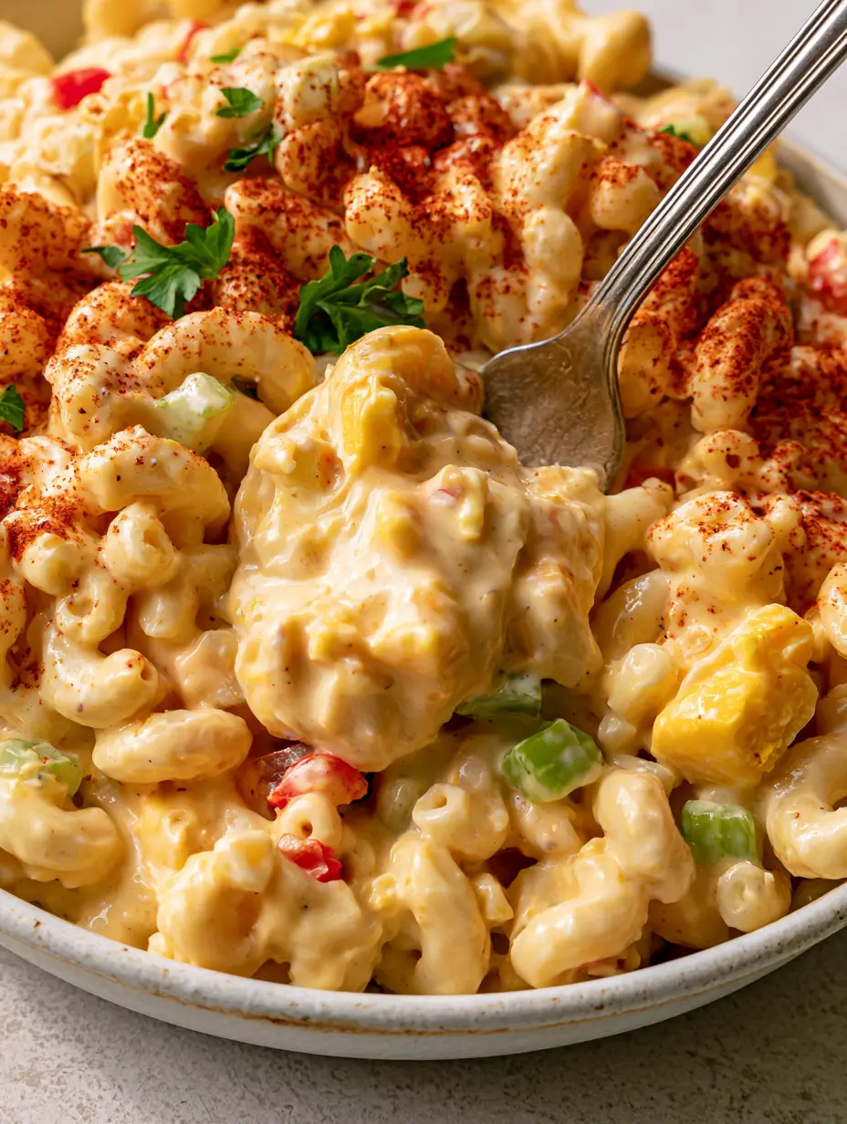 Ultra-appetizing close-up of a rustic bowl overflowing with macaroni salad, showing visible sauce-cling on the pasta. (macaroni salad recipe)