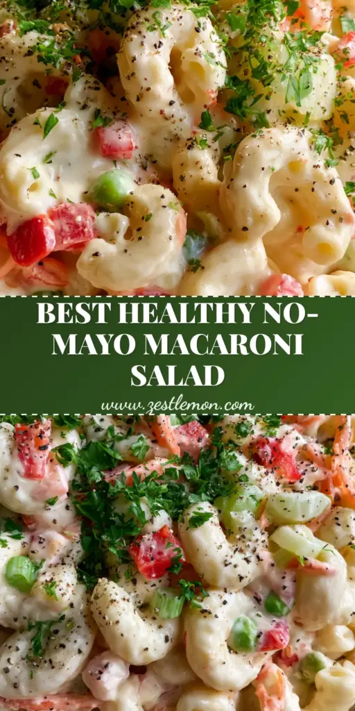 A top-down view of a healthy macaroni pasta salad in a white bowl, featuring ivory Greek yogurt dressing and vibrant green peas. (healthy macaroni pasta salad)