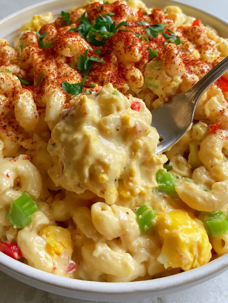 A silver fork lifting a large, messy, creamy bite of macaroni salad from a ceramic bowl. (macaroni salad recipe)