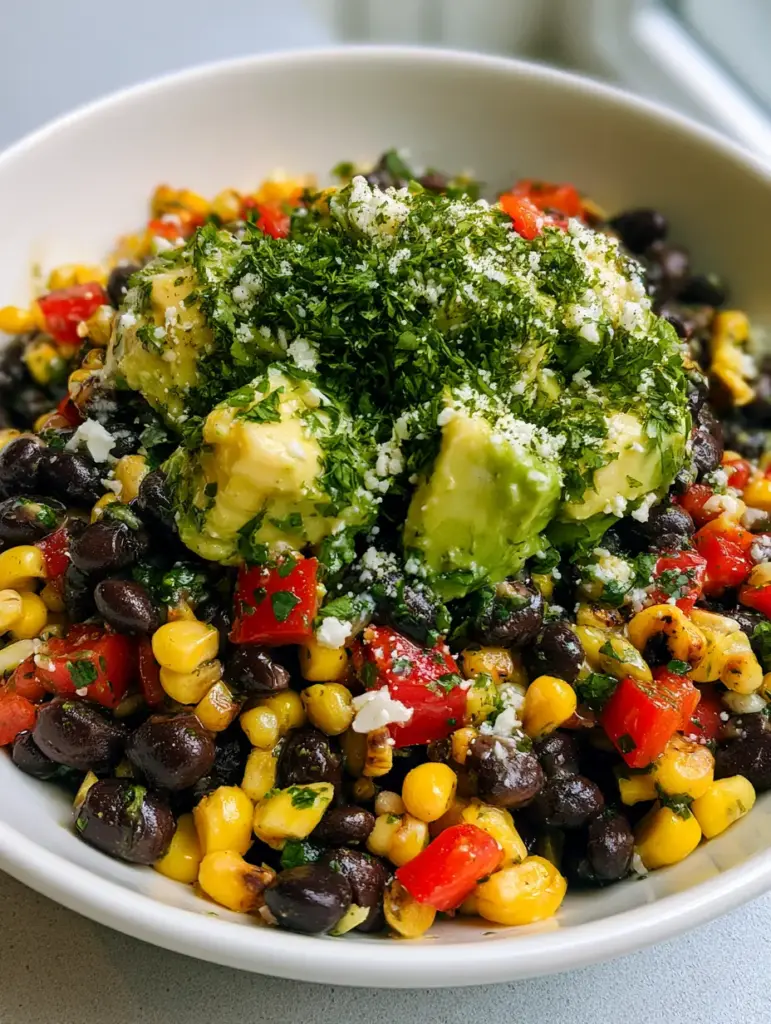 A close-up of creamy avocado cubes and cotija cheese over a zesty black bean corn salad.