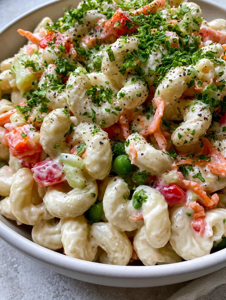 Close-up macro shot of healthy macaroni pasta salad showing the creamy ivory dressing and cracked black pepper. (healthy macaroni pasta salad)