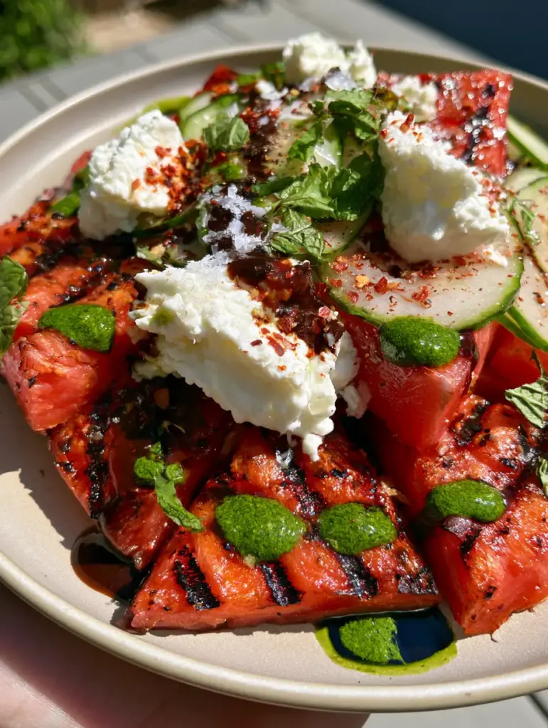 Grilled Watermelon Salad with Feta, Mint, and Balsamic Glaze 2 Extreme close-up of Grilled Watermelon wedges with dark caramelized grill marks and vibrant emerald herb oil.