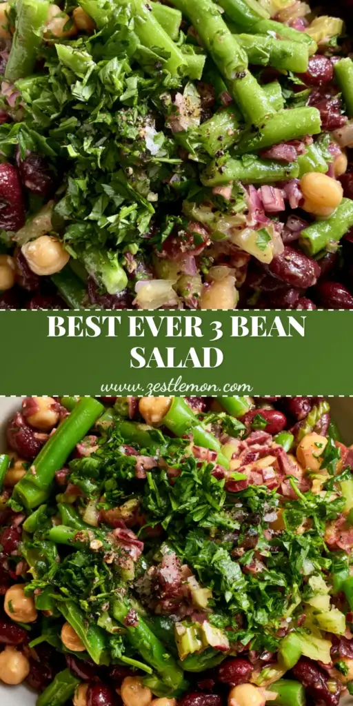 3 Bean Salad with Glossy Cider Vinaigrette and Fresh Herbs 3 A top-down view of a 3 bean salad in a white bowl featuring dark red kidney beans, golden chickpeas, and bright green beans with a glossy cider dressing.