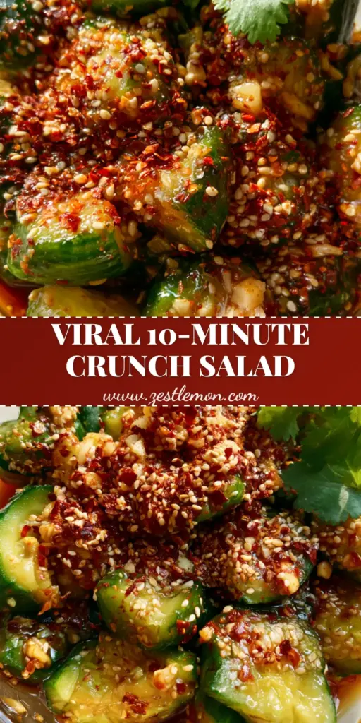 A clear glass bowl of smashed Persian cucumbers with red chili oil and white sesame seeds on a marble countertop. (salad recipe)