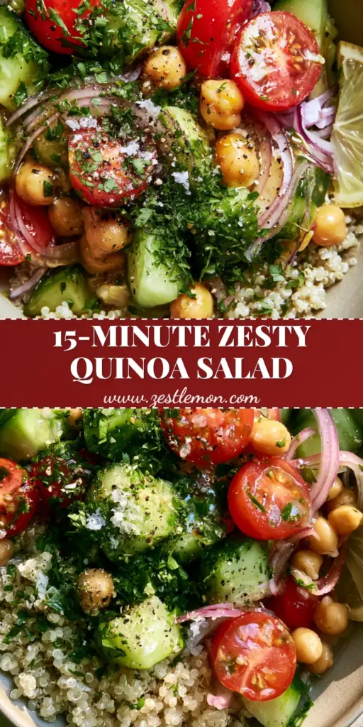 Zesty Quinoa Salad with Lemon-Herb Vinaigrette 4 A vibrant macro shot of a zesty quinoa salad with individual white grains, dewy cucumbers, glossy tomatoes, and a thin lemon wheel garnish.