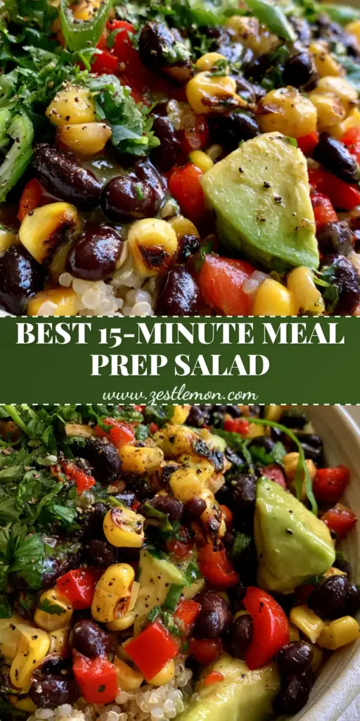 A vertical overhead shot of a vibrant Black bean and corn quinoa salad in a ceramic bowl with lime wedges on the side, optimized for Pinterest.