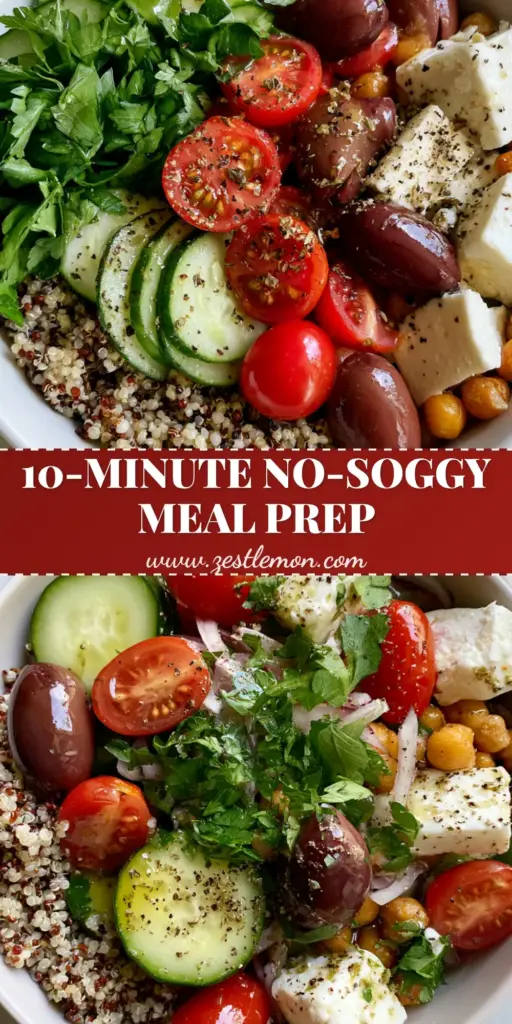 Quinoa Salad: The Ultimate Mediterranean Tri-Color Power Bowl 4 A tall, vertical shot of a Mediterranean quinoa salad featuring tri-color grains, feta cubes, and roasted chickpeas in a white bowl. (quinoa salad)