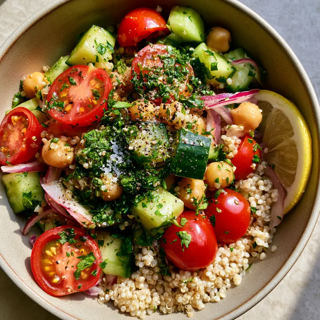 Zesty Quinoa Salad with Lemon-Herb Vinaigrette 2 Top-down macro view of zesty quinoa salad showing fluffy grains, slivered red onions, and golden chickpeas in a matte ceramic bowl.