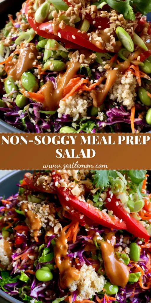A tall, vibrant Thai Quinoa Crunch Salad in a charcoal bowl with purple cabbage, carrots, edamame, and a glossy peanut dressing drizzle.