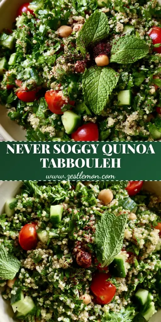 Quinoa Tabbouleh: The Ultimate Vibrant Mediterranean Herb Salad 3 A top-down macro shot of vibrant Mediterranean quinoa tabbouleh in a cream bowl, featuring fluffy quinoa, minced parsley, and red tomato gems.
