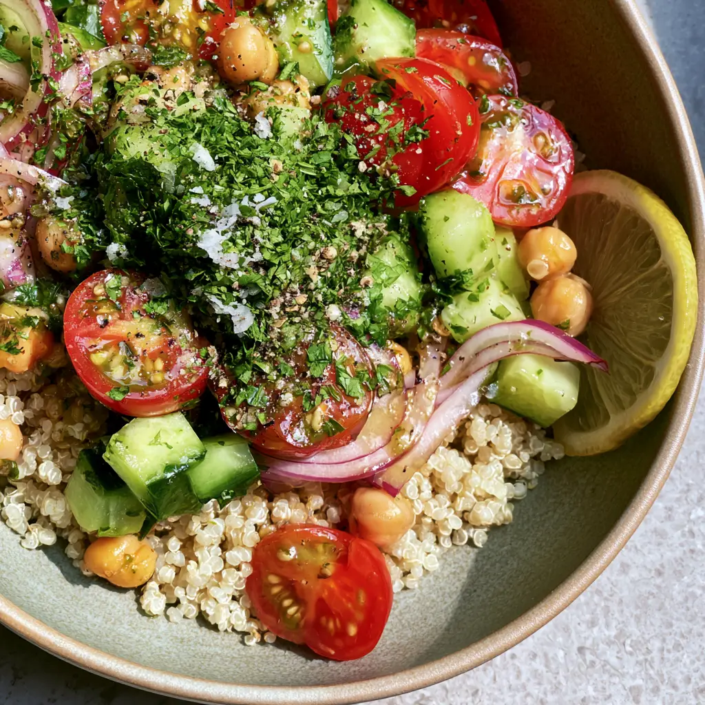 Zesty Quinoa Salad with Lemon-Herb Vinaigrette 1 Close up of glossy halved cherry tomatoes and crisp cucumber cubes layered over white quinoa grains.