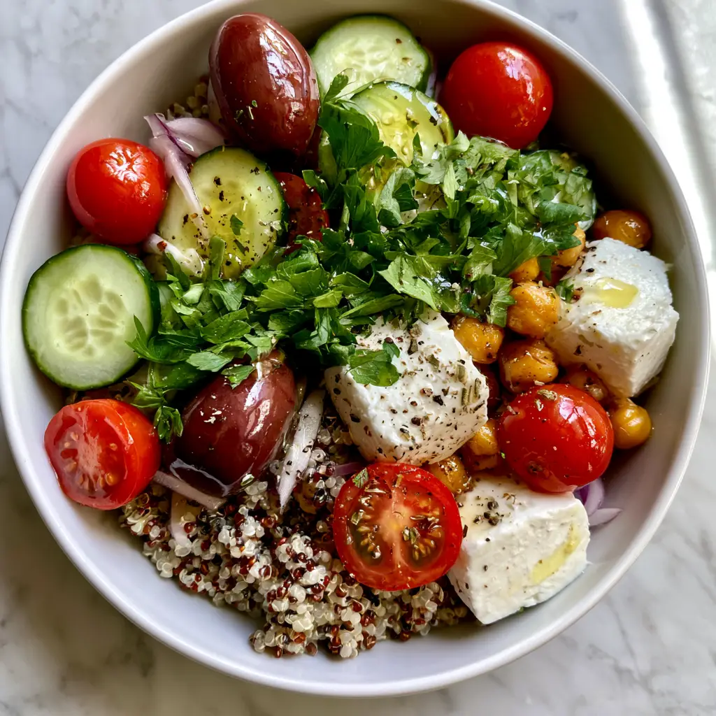 Quinoa Salad: The Ultimate Mediterranean Tri-Color Power Bowl 2 A macro top-down view of a vibrant quinoa salad with glistening cherry tomatoes, sliced Persian cucumbers, and creamy feta. (quinoa salad)