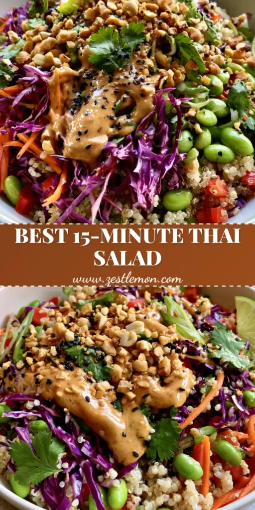 Thai quinoa salad with Crunchy Veggies and Creamy Peanut Dressing 4 A close-up vertical shot of a vibrant Thai quinoa salad in a white bowl, showing shredded purple cabbage, edamame, and a creamy peanut dressing drizzle.