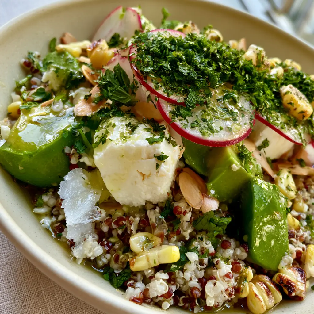 Salade de Quinoa : La Recette Ultime au Maïs Grillé, Feta et Avocat 2 Gros plan macro sur les perles de quinoa rouge et blanc, les tranches de radis et les cubes de feta. (salade de quinoa)