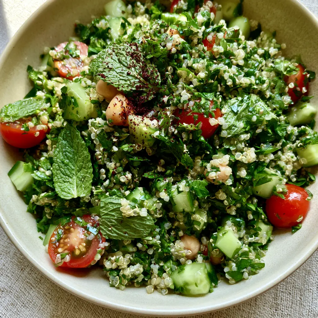 Quinoa Tabbouleh: The Ultimate Vibrant Mediterranean Herb Salad 2 Close-up of fresh quinoa tabbouleh showing individual grains of white quinoa and finely minced bright green parsley.
